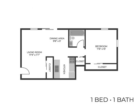 a floor plan of a 1 bedroom floor plan with baths